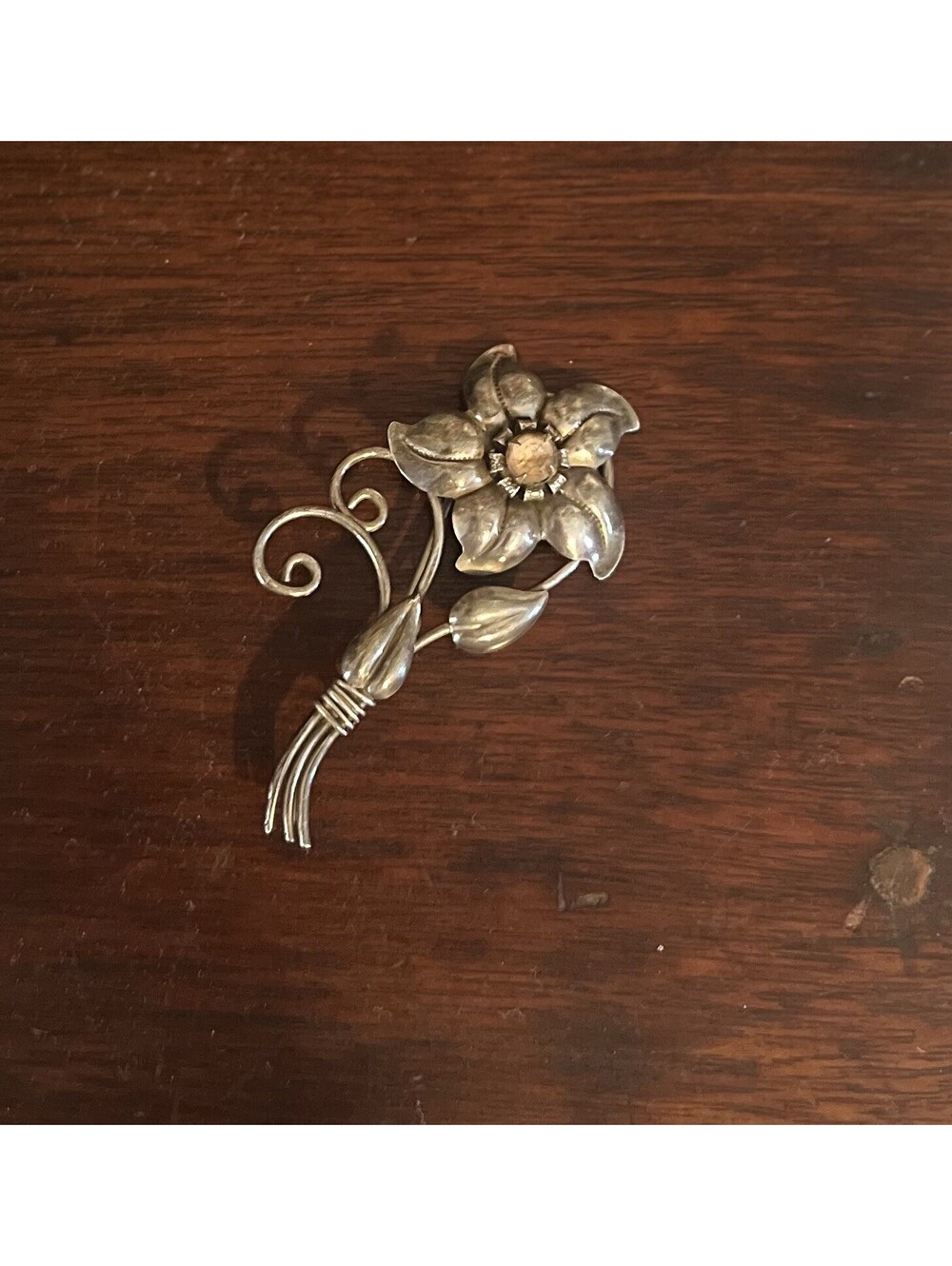 Vintage 1930s 1940s Sterling Silver Flower Brooch Pin With Crystal Rhinestone